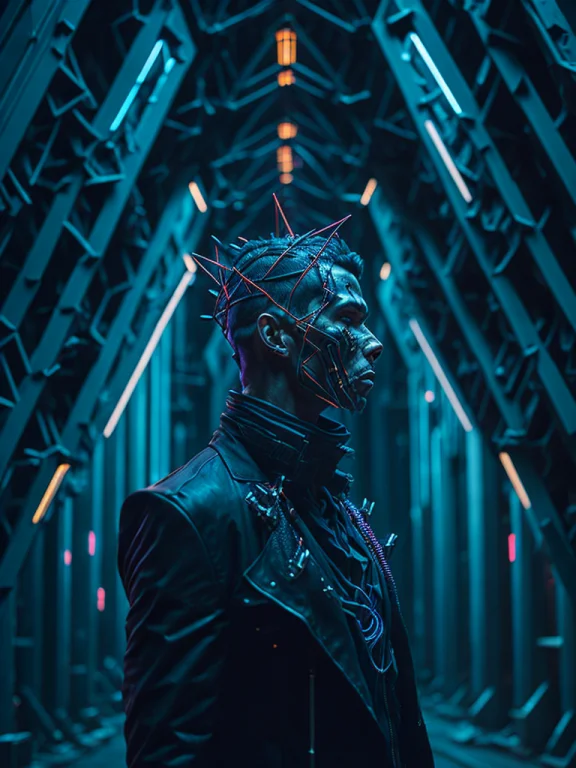 A Grim Portrait Of A Man With Intricate Angular Cybernetic I...