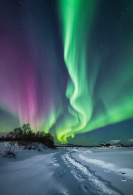 Northern Lights Over A Snowy Landscape, Vibrant Colors In Th...