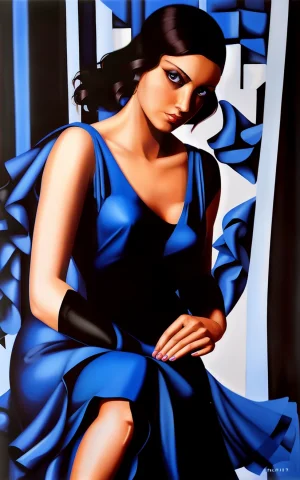 Loratdlp0.8 Painting Of A Woman Wearing A Blue-black Dress W... — Stable Diffusion AI Prompt: Painting of a woman wearing a blue-black dress with a low front with her hand r...