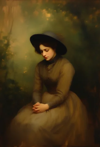 Impressionist Oil Painting, Female Portrait, Single Woman, S... — Stable Diffusion AI Prompt: impressionist oil painting, female portrait, single woman, seated pose, folded h...