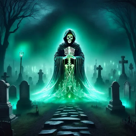 Graveyard World, A Ghostly Spectral Hooded Ghost Floating Ov... — SDXL AI Prompt: Graveyard world, a ghostly spectral hooded ghost floating over a haunted graveya...