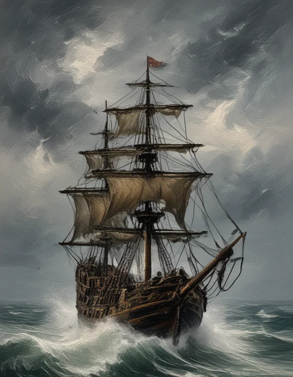 A Pirate Ship Close Up Caught In A Storm At Sea,long Streaks...