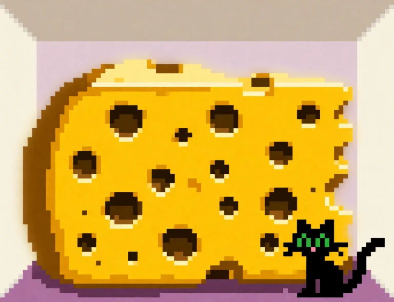 A Giant Wedge Of Yellow Cheese With Many Dark Holes Filling...