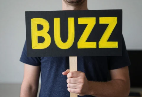 Male Person, Holding A Stick With Sign, Yellow Text On Sign... — Stable Diffusion AI Prompt: Male Person, holding a stick with sign, yellow text on sign says "BUZZ"