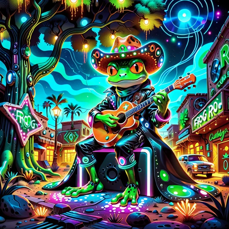 In A Futuristic Desert Town Lounges A Green Frog With Expres...