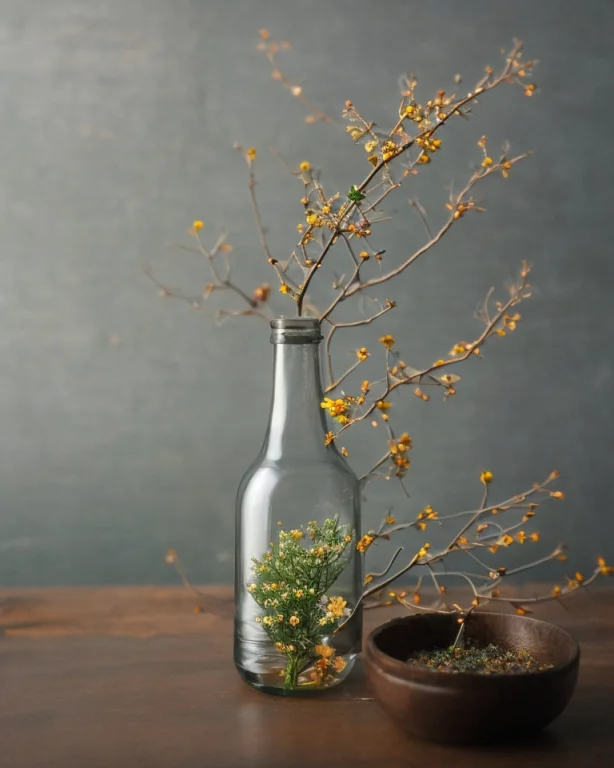 Glass Bottle, Branches, Small Flowers, Gray Background, Wood...