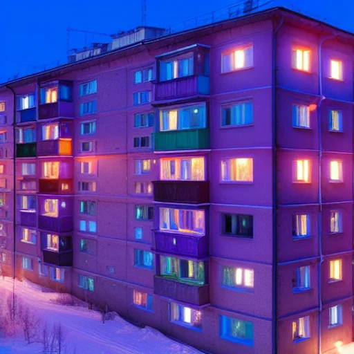 Khrushchevka1.2, Night View, Purple Light Inside Windows Shi...