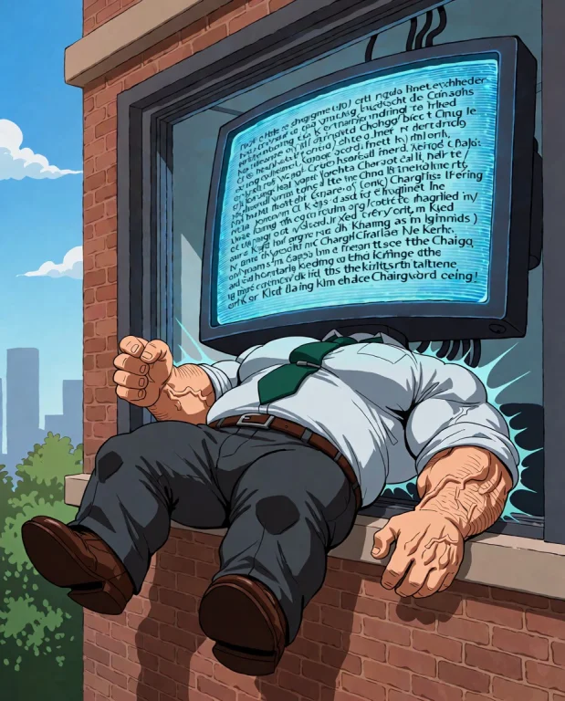 A Comical Image Of A Huge Monitor Covered In Text Charging A...