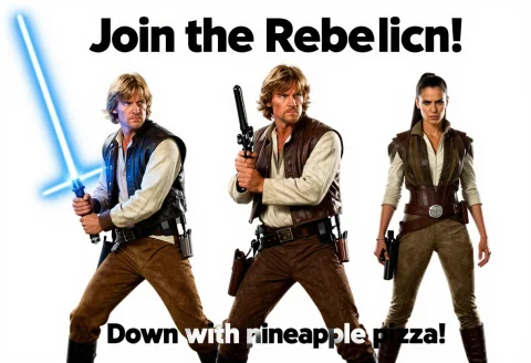 Luke Skywalker On The Left Of The Image Has A Blue Lightsabe... — Stable Diffusion AI Prompt: Luke Skywalker on the left of the image has a blue lightsaber with one blade ign...