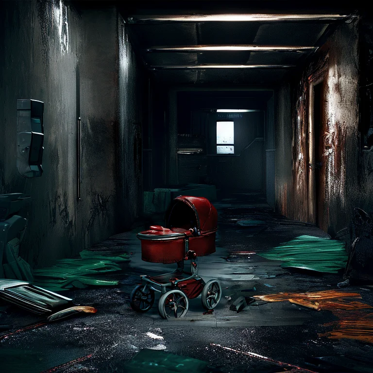 A Bloody Baby Carriage Alone Down Dimly Lit Hallway Photo Ta...