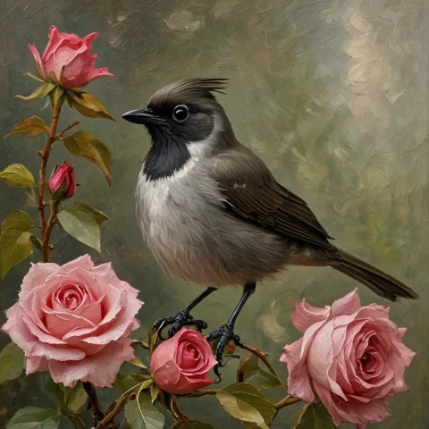 A Bulbul Sitting On A Rose Plant — SDXL AI Prompt: a bulbul sitting on a rose plant