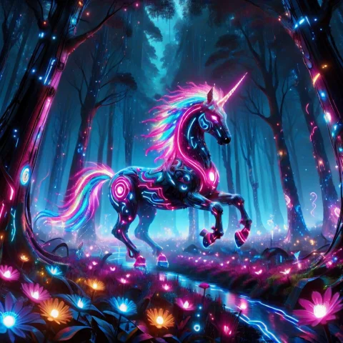 Colorful Led Lights, Majestic Cybernetic Unicorn Running Thr... — SDXL AI Prompt: colorful LED lights, majestic cybernetic unicorn running through a futuristic ma...