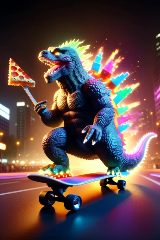 A Cinematic Action Sceen Of A Godzilla Riding A Skateboard W...
