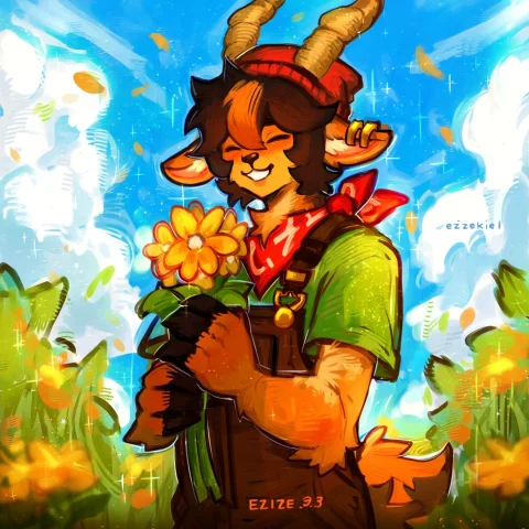 Ezizekekiel, 1boy, Flower, Holding Flower, Closed Eyes, Smil... — Stable Diffusion AI Prompt: @ezizekekiel, 1boy, flower, holding flower, closed eyes, smile, furry, hat, horn...