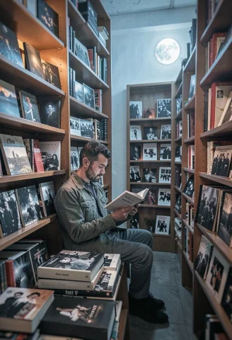 A Bookseller Reading Among Towering Shelves, Film Photograph... — Stable Diffusion AI Prompt: a bookseller reading among towering shelves, film photography, cold moonlit tone...