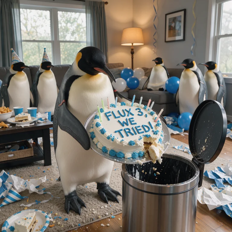 Photorealistic. A Penguin Holds A Birthday Cake Over The Edg...