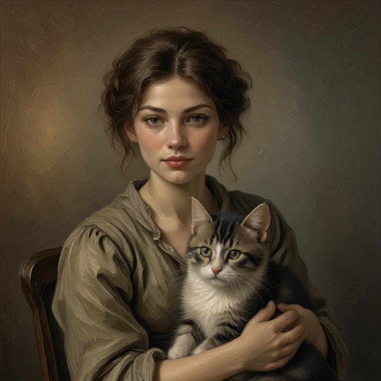 A Cute Kitten In A Womans Lap, Rembrant Style Painting.