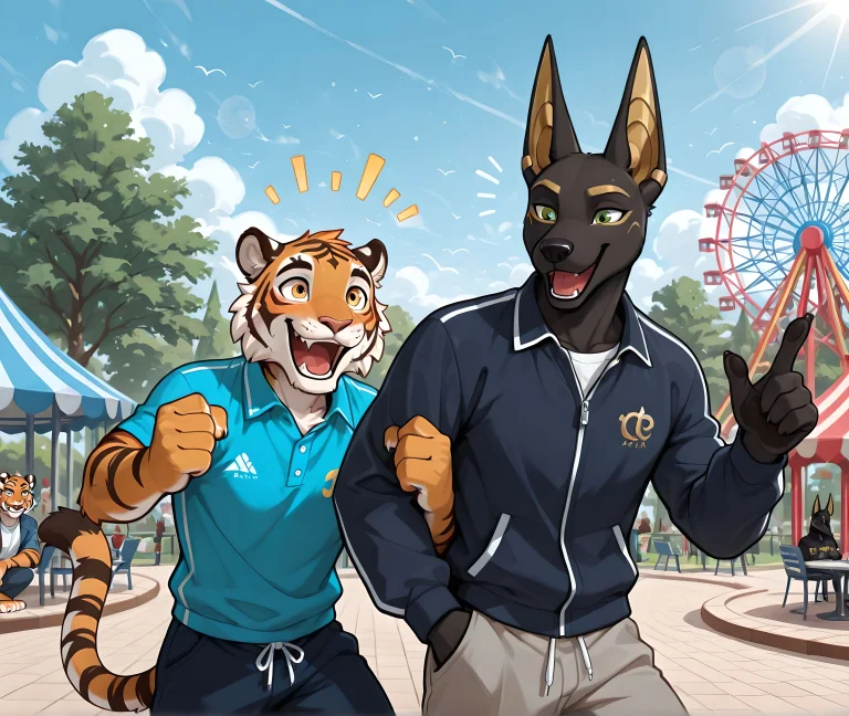 Detailed, 2males, Furry, Duo, Excited, Theme Park, Tiger And...
