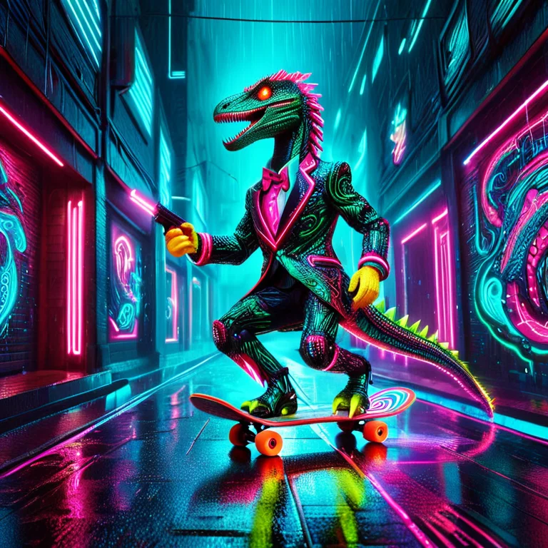 A Velociraptor In An Ornate Suit Riding A Skateboard Down A...