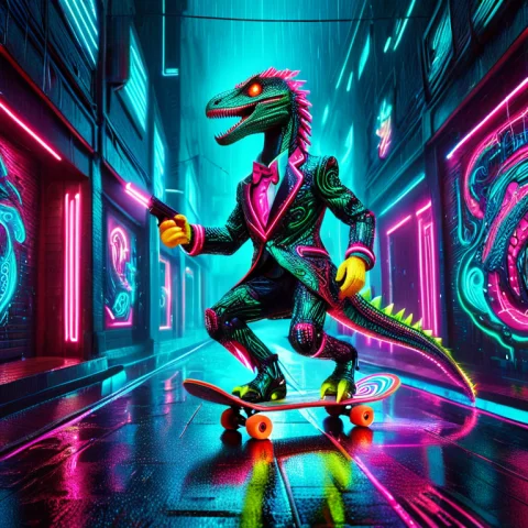 A Velociraptor In An Ornate Suit Riding A Skateboard Down A... — SDXL AI Prompt: a velociraptor in an ornate suit riding a skateboard down a rain-soaked neon all...