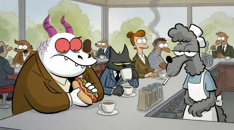 A Cartoon Image Of Two Characters In A 1950s Roadside Diner...