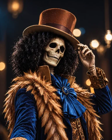 Cinematic Film Still Grook, Costume With Top Hat, Feathered... — Stable Diffusion AI Prompt: cinematic film still grook, costume with top hat, feathered coat, blue bow, dark...