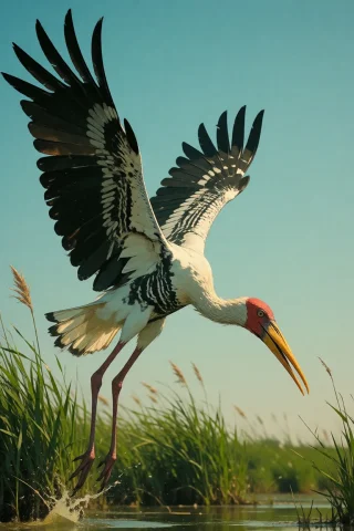 Nature, A Painted Stork Lifting Off A Sindh Marsh, Entire Bi... — Stable Diffusion AI Prompt: nature, A painted stork lifting off a Sindh marsh, entire bird filling the frame...