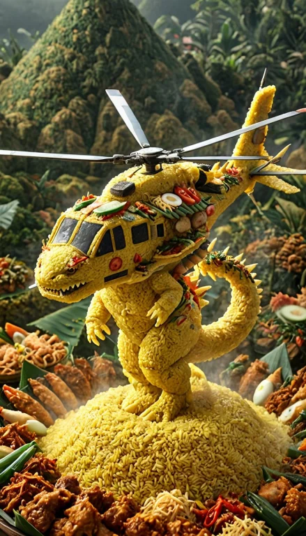 Helicopter And Godzilla Made From Tumpeng Rice, Food, Delici...
