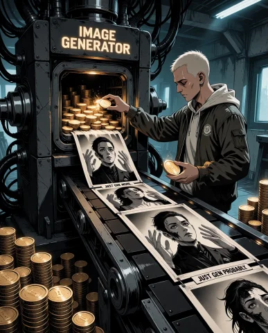 A Tired Ai Creator Stands In Front Of A Giant Industrial Mac... — Stable Diffusion AI Prompt: A tired AI creator stands in front of a giant industrial machine labeled “IMAGE...