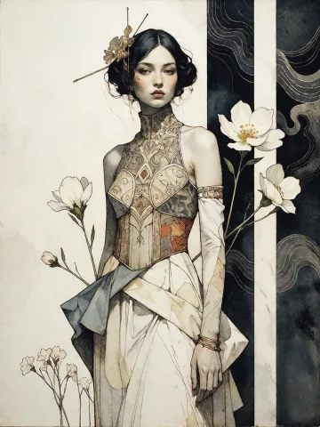 Bradhamel Art Style. A Tall, Slender Woman With Dark Hair St... — Stable Diffusion AI Prompt: Bradhamel art style. A tall, slender woman with dark hair styled in an elegant u...