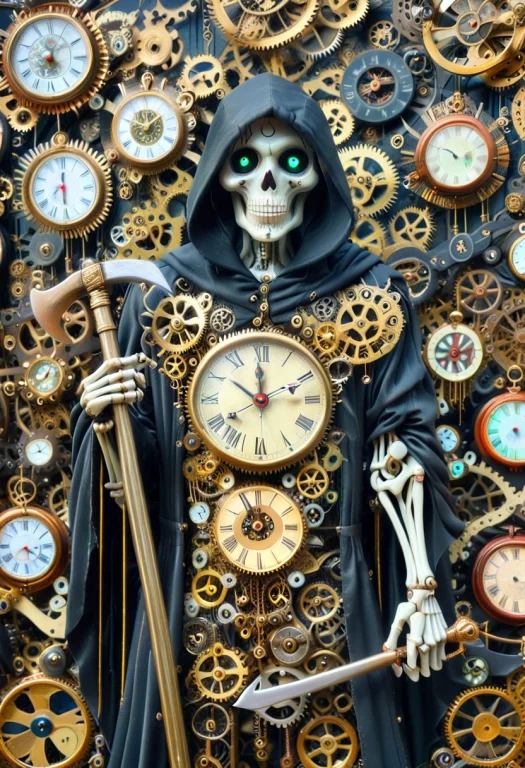 Closeup, Front View, The Grim Reaper, Black Robe, Holding Br...