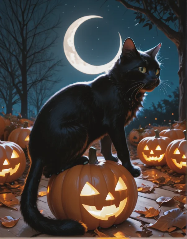 A Black Cat Sitting On A Carved Pumpkin In A Pumpkin Patch A...