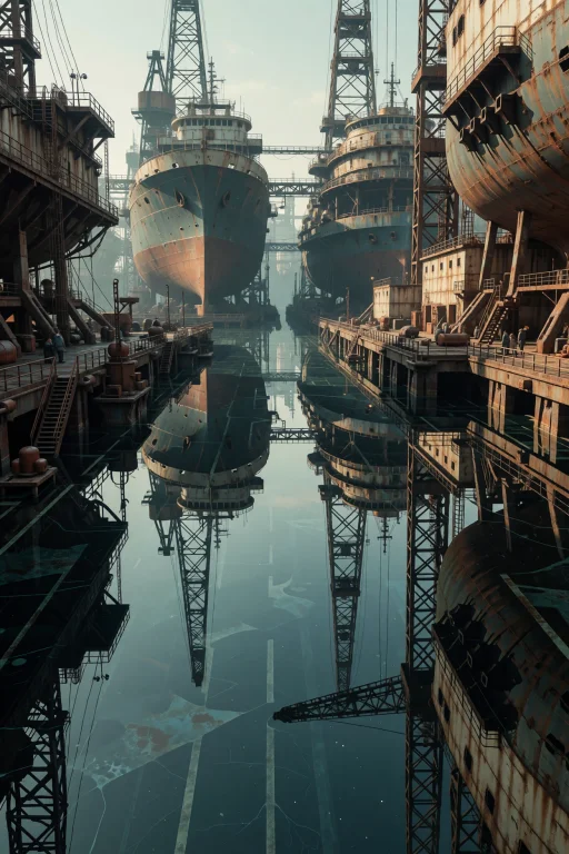 A Colossal Shipyard Where Floating Platforms Rest Upon A Liq...