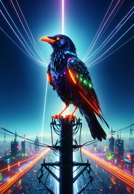 Cinematic Scene, Colorful, One Glowing-eyed Crow, Perched On...