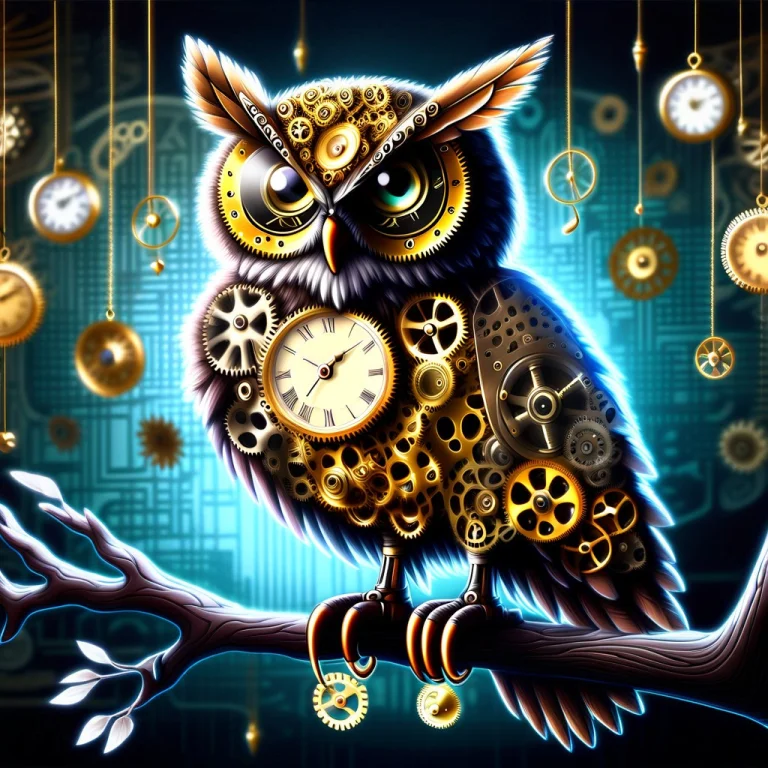 A Mechanical Owl Perched On An Iron Branch, Owl Body Formed...