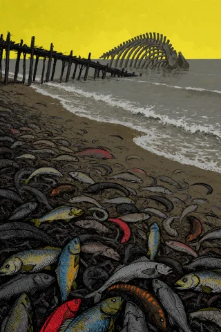 Desolate Beach Where The Sea Is Dead. The Water Is A Flat, O... — Stable Diffusion AI Prompt: desolate beach where the sea is dead. The water is a flat, oily grey, without wa...