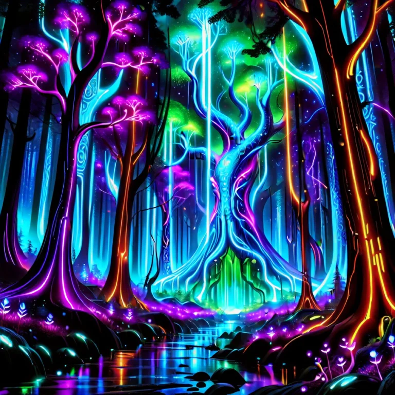 An Enchanted Forest Rendered In Radiant Neon Led Lights, Glo...