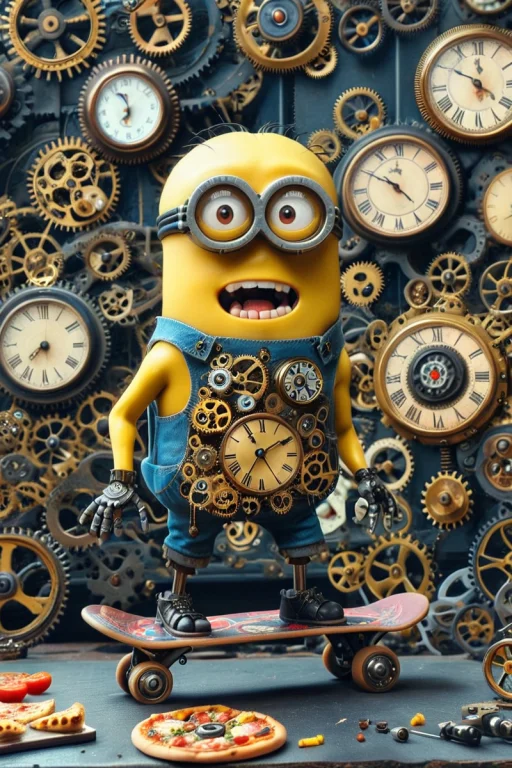 A Cinematic Action Sceen Of A Minion Riding A Skateboard Whi...