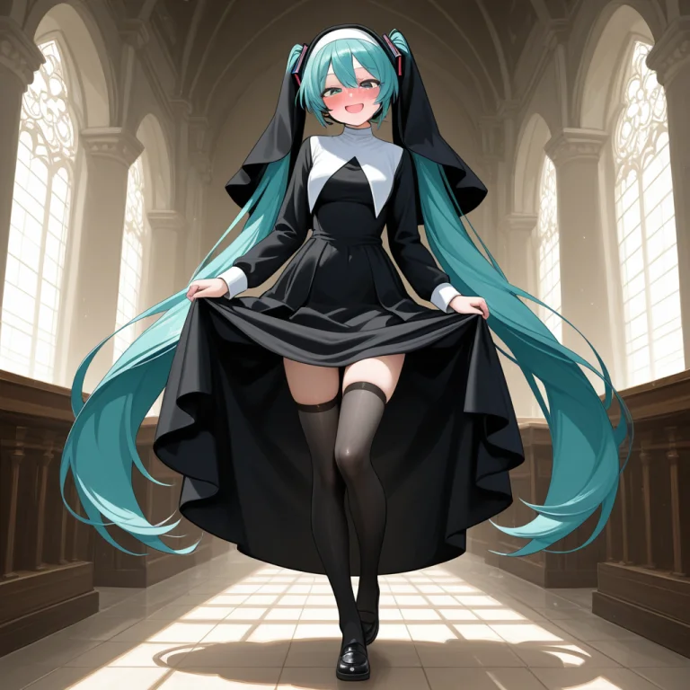 Hatsune Miku. Nun Outfit. Blushing. Black Leg Stocking. Rais...