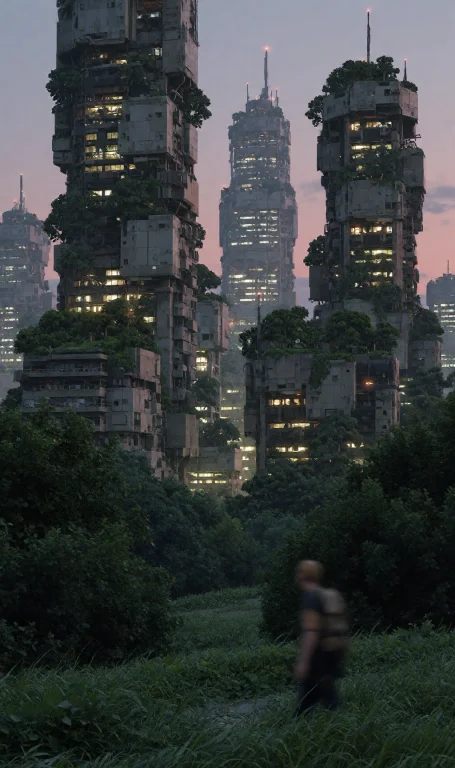 Sci-fi Dystopian City. Tall Skyscrapers, Vegetation, Trees,...