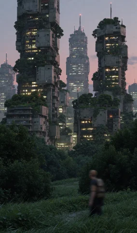 Sci-fi Dystopian City. Tall Skyscrapers, Vegetation, Trees,... — Stable Diffusion AI Prompt: Sci-fi dystopian city. Tall skyscrapers, vegetation, trees, bushes, grass. Melan...