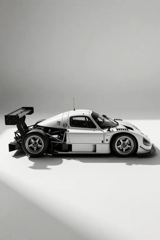 A White Mazda Race Car Sits In Profile With Exposed Mechanic...