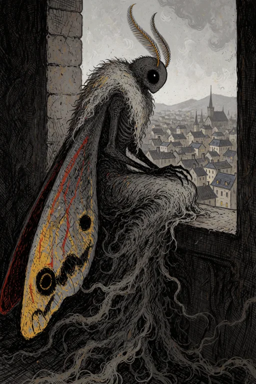 An Anthropomorphic Moth Sorceress Sitting Alone On A Windows...