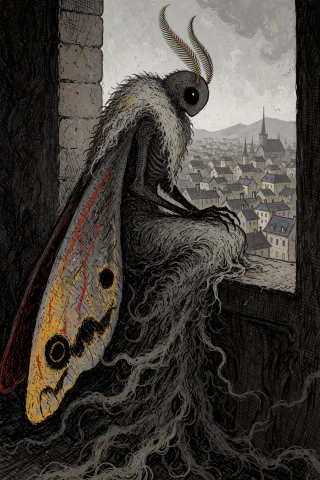 An Anthropomorphic Moth Sorceress Sitting Alone On A Windows... — Stable Diffusion AI Prompt: An anthropomorphic moth sorceress sitting alone on a windowsill above a sleeping...