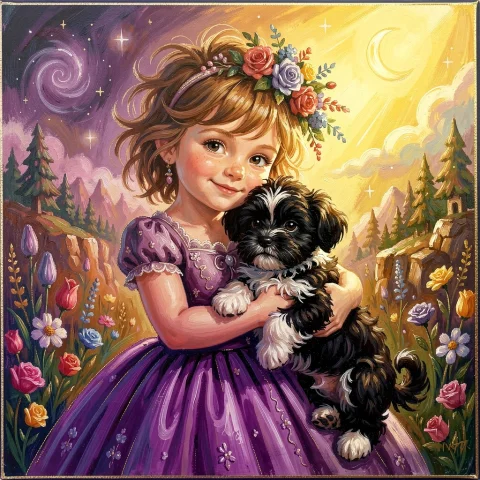 A Playful Scene Unfolds In An Eccentric Oil Painting A Charm... — FLUX AI Prompt: A playful scene unfolds in an eccentric oil painting: a charming little girl wit...