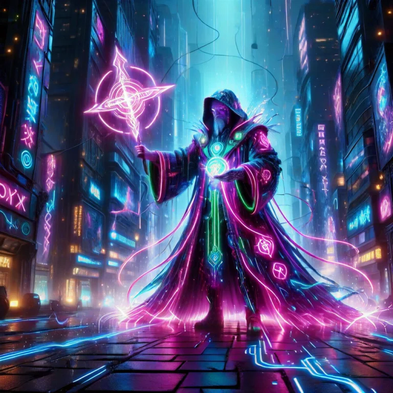 Colorful Led Lights, Powerful Futuristic Wizard Casting A Ma...
