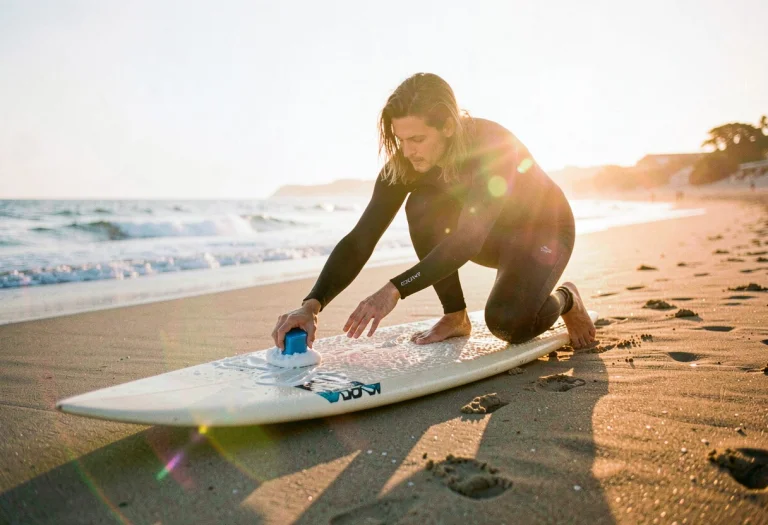 A Surfer Waxing A Board At Dawn On The Sand, 35mm Film Still...