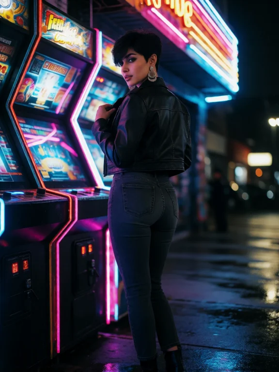 Nighttime Cinematic Portrait Of A Woman Standing Beside A Ne...