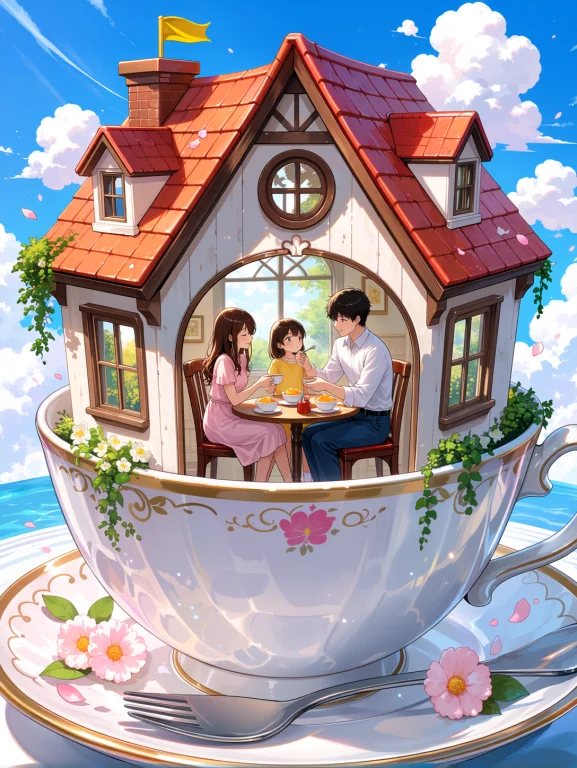 Whimsical Storytelling Scene Inside A Giant Teacup House Whe...