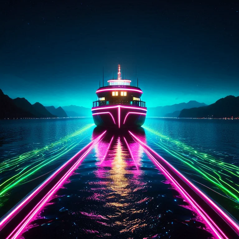 A Lone Ferry Boat Crossing Black Water At Night, Its Lights...